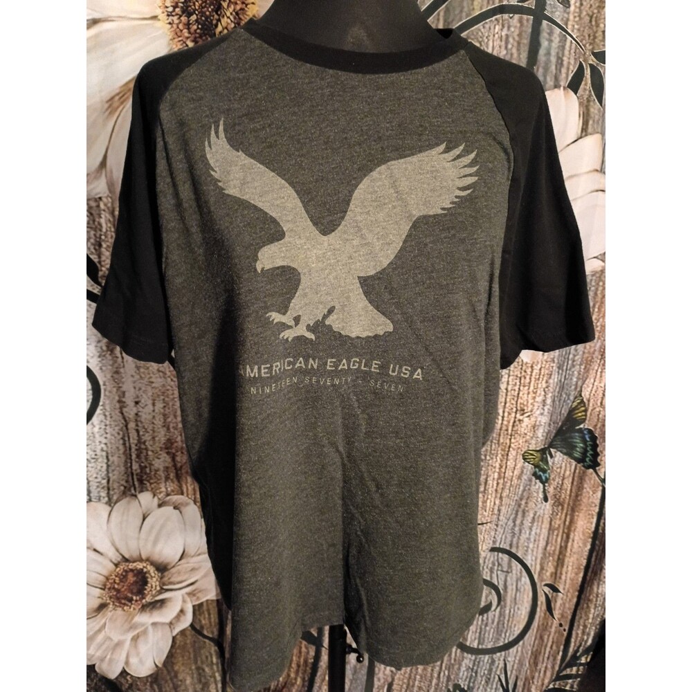 American Eagle Raglan T-Shirt Eagle Logo Graphic Tee Black Gray Adult Sale 💲💲